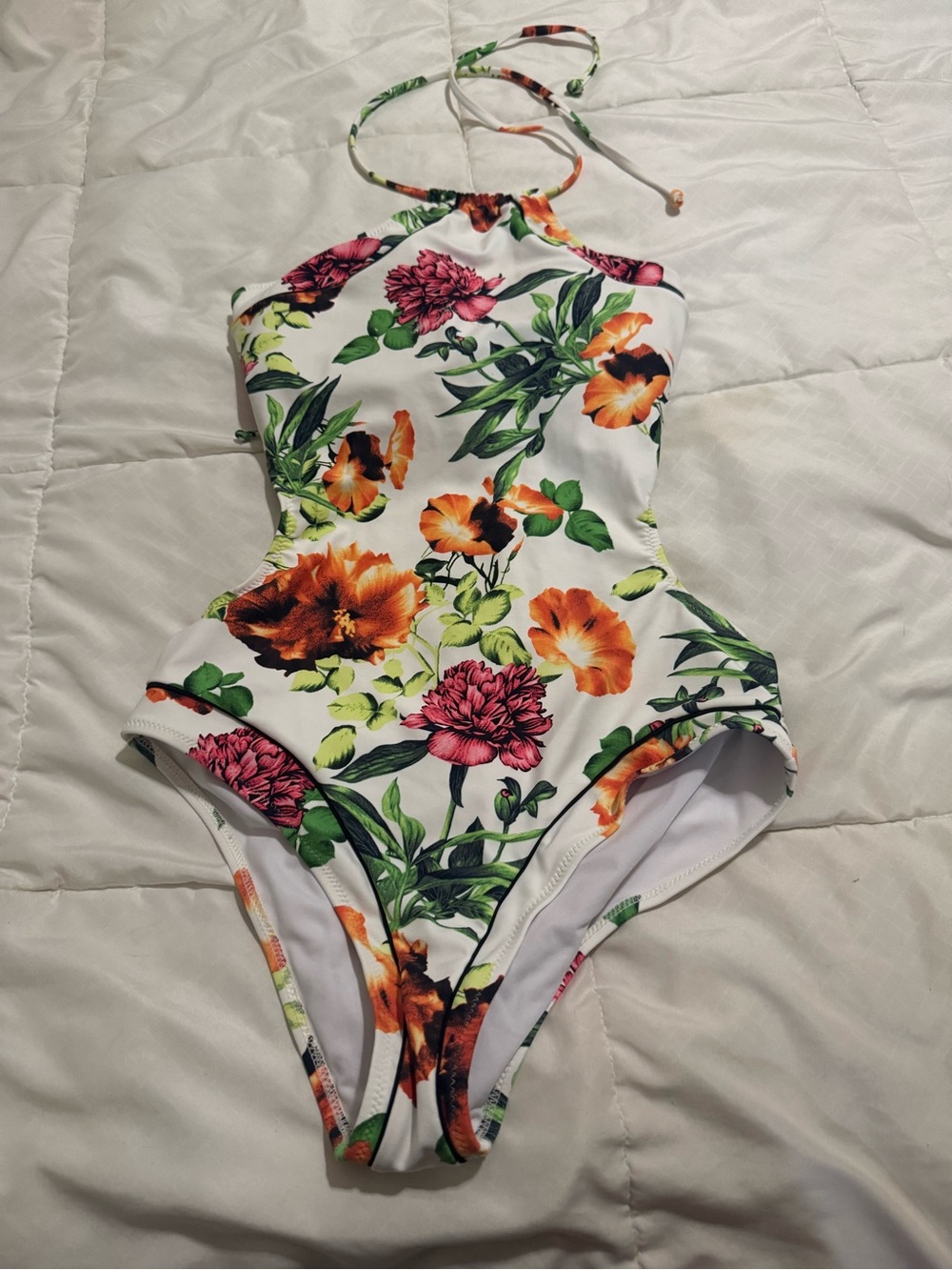 Beach Joy White Floral One-Piece Halter Swimsuit with cut out sides and low back